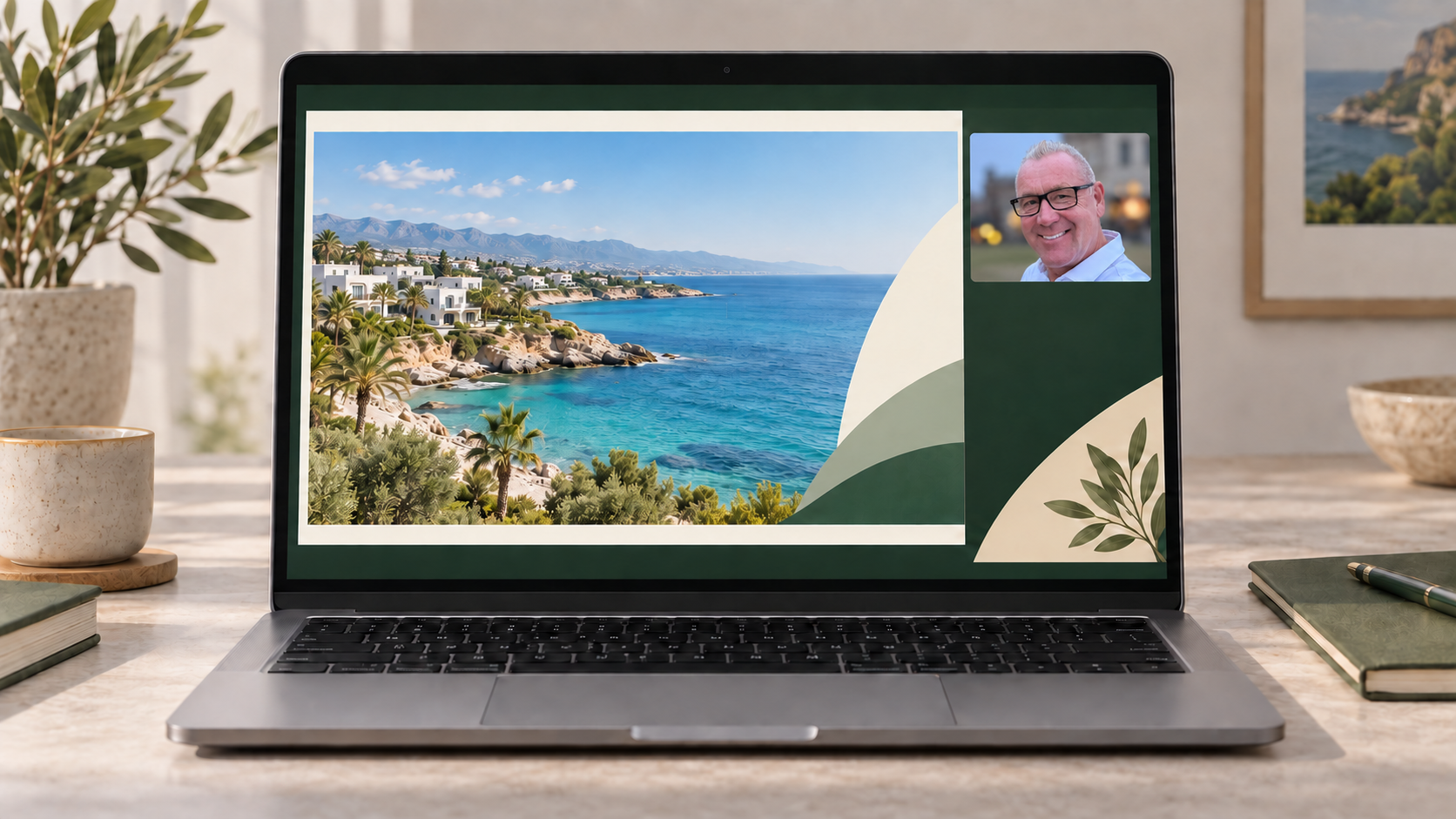 Illustration einer Webinar-Präsentation auf einem Laptop mit Ingo Domnitz in der Sprecherkachel